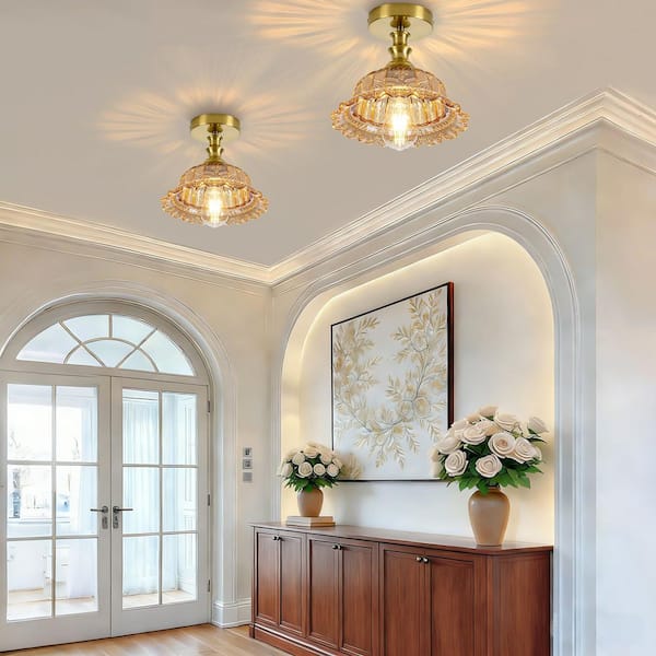 BeamHaven 3.74 in. Brushed Vintage Dome Semi-Flush Mount Ceiling Light w/ Amber Floral Glass for Kitchen Island Bedroom