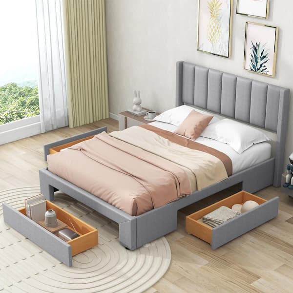 Harper & Bright Designs Gray Wood Frame Full Size Linen Upholstered ...