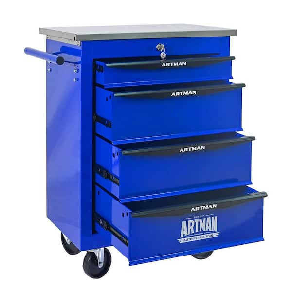 13.58 in. W 4 Drawer Rolling Blue & Black Metal Tool Carts w/ Ball Bearing Drawer Slides & Steel Tool Storage Organizer