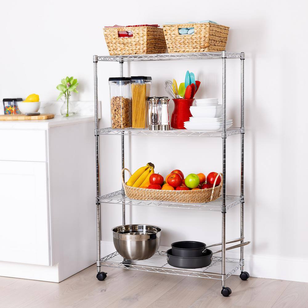 Adjustable 4-Tier Gray Steel Wire Shelving Unit with Wheels