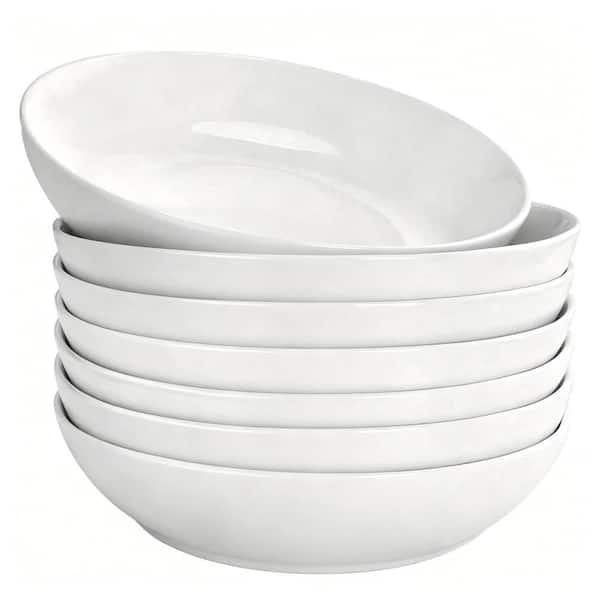 7-Piece Wide Shallow Pasta Bowls, White, Porcelain, Kitchen Serving Bowl, Service for Daily Soup, Dinnerware Sets