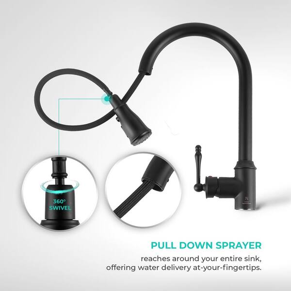 Akdy Easy Install Single Handle Pull Down Sprayer Kitchen Faucet With Flexible Hose In Matte Black Kf0009 The Home Depot