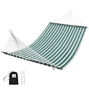11 ft. Double Wide 2-Person Textilene Hammock Bed with Iron Spreader Bars and Pillow, Green Stripes