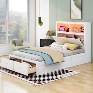 White Wood Frame Full Platform Bed with Side-Tilt Hydraulic Storage, Storage LED Headboard, USB Charging, 2-Drawers