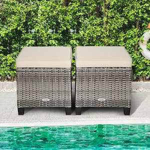 Wicker Outdoor Rattan Patio Ottoman Footrest Wicker Footstool with Beige Cushions (2-Pack)