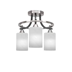 Madison 14.25 in. 3-Light Matte Black and Brushed Nickel Semi-Flush Mount with White Marble Glass Shade