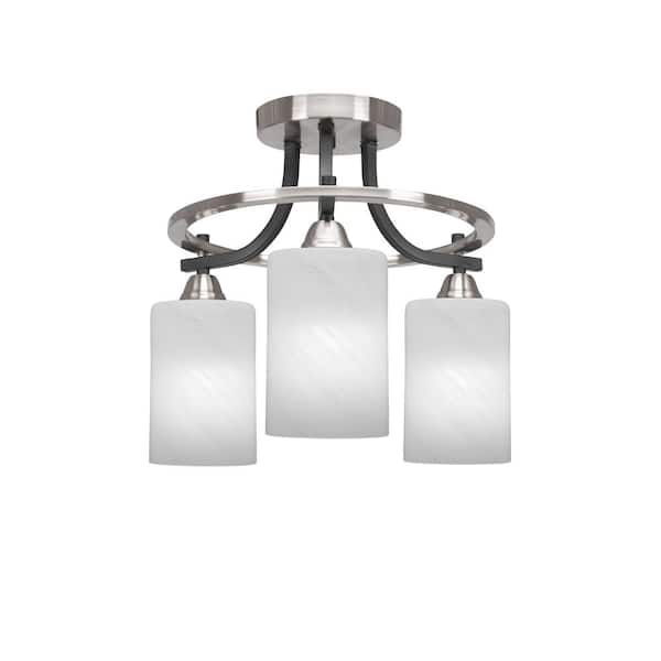 Unbranded Madison 14.25 in. 3-Light Matte Black and Brushed Nickel Semi-Flush Mount with White Marble Glass Shade