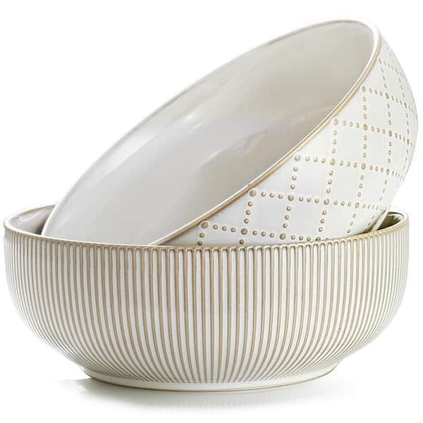 9.5 in. 92 fl. oz. White Ceramic Large Serving Bowls (Set of 2), Durable Ceramic Design, Microwave & Dishwasher Safe