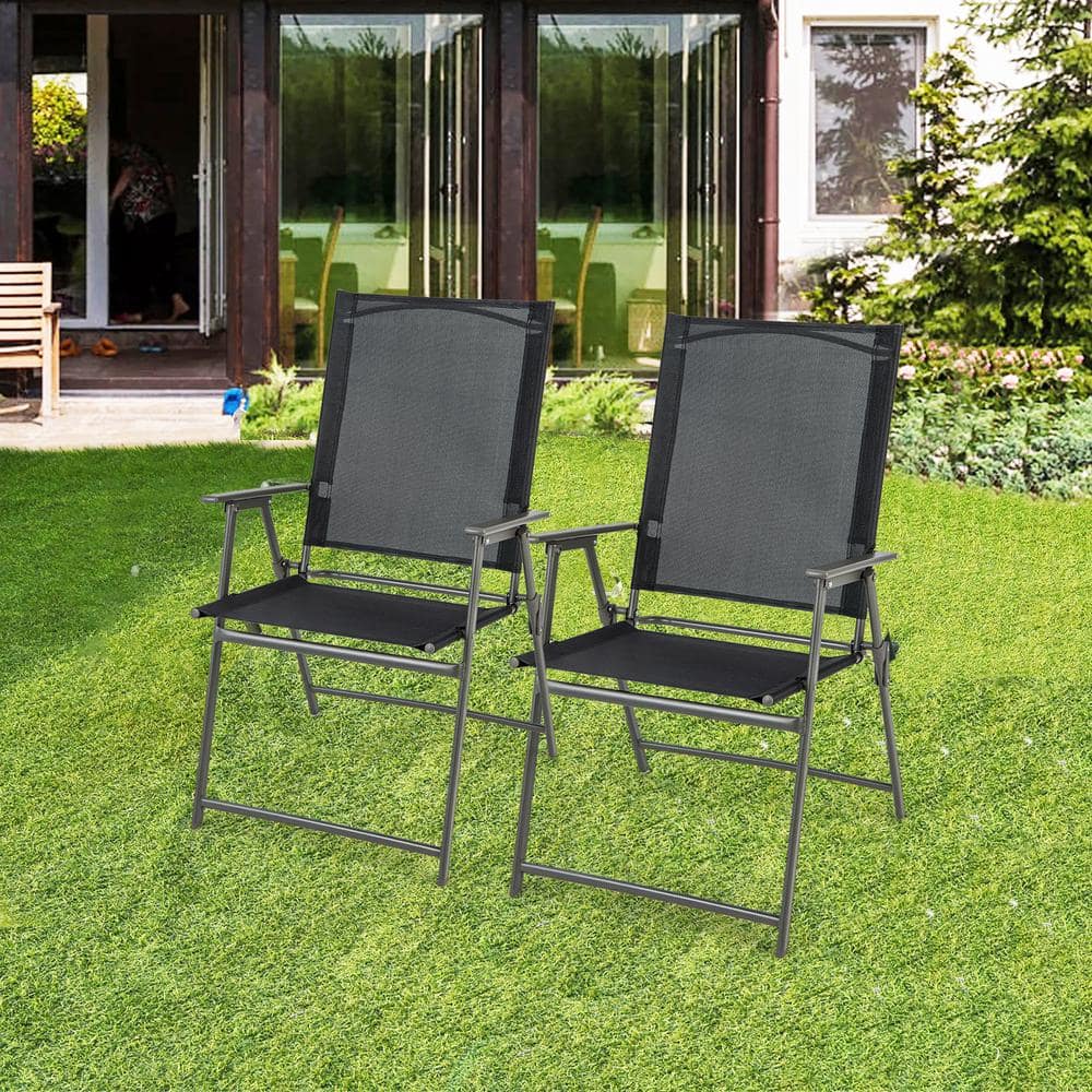 Black and Gray Metal Folding Outdoor Dining Chairs with Armrests, Set of 2