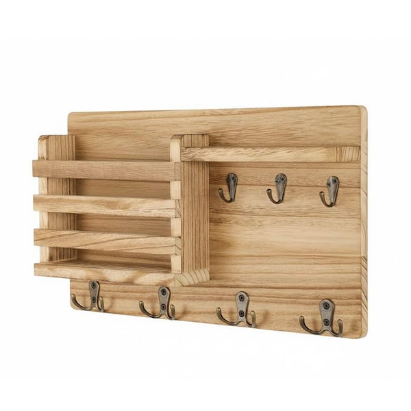 16.8 in. W x 3.2 in. D Natural Wood Decorative Wall Shelf, Mail Holder for Wall Mail Organizer with 7 Key Hooks