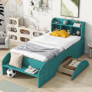 Dark Green Wood Frame Twin Size Platform Bed with 2-Drawer, Storage Headboard with Shelves, Footboard with Bench