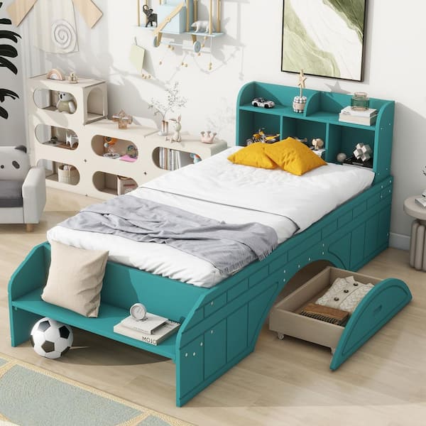 Harper & Bright Designs Dark Green Wood Frame Twin Size Platform Bed with 2-Drawer, Storage Headboard with Shelves, Footboard with Bench