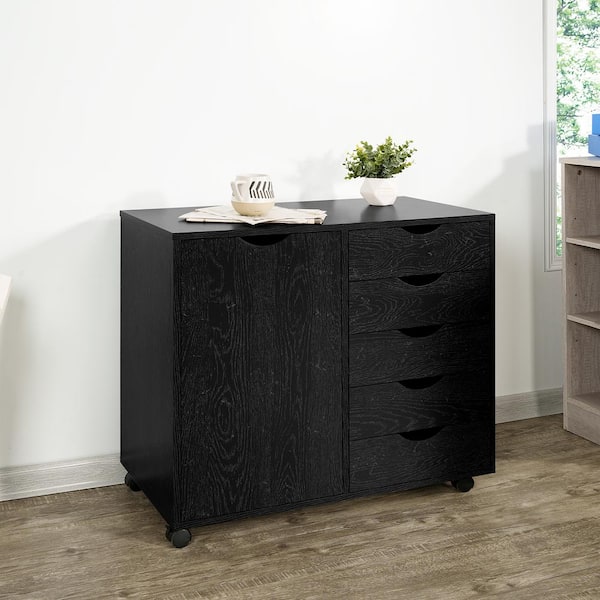 HOMESTOCK Distressed Black, 5-Drawer Wood Dresser Storage Cabinet with Shelves, Wheels, Craft Storage, Makeup-Drawer File Cabinet,