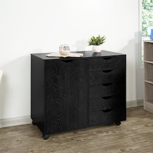 Distressed Black, 5-Drawer Wood Dresser Storage Cabinet with Shelves, Wheels, Craft Storage, Makeup-Drawer File Cabinet,