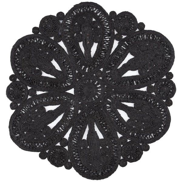 SAFAVIEH Natural Fiber Black Doormat 3 ft. x 3 ft. Woven Floral Round Area Rug
