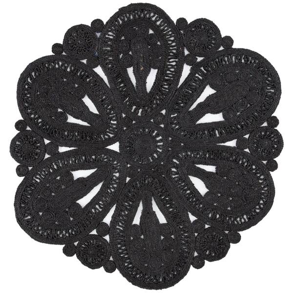 SAFAVIEH Natural Fiber Black 6 ft. x 6 ft. Woven Floral Round Area Rug