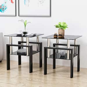 2-Piece Black Modern Tempered Glass Tea Table End Table with Black Legs for Living Room