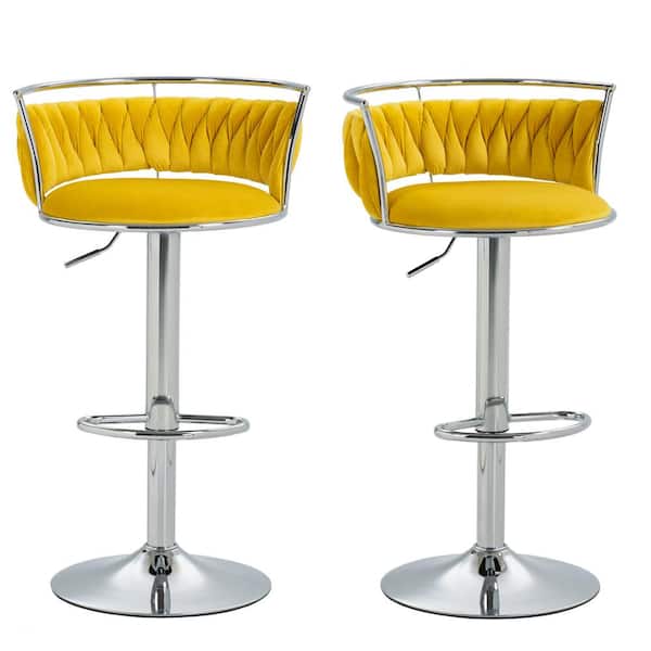 Uixe 38.7 in. Swivel Adjustable Height Low Back Silver Metal Frame Bar Stool with Yellow Velvet Seat Cushion(set of 2)