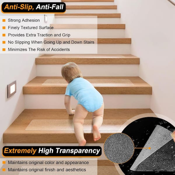 Clear [4 in. x 24 in.] PEVA Stair Tread Cover Set of 5 Anti-Slip Strips for Wooden Steps Indoor, Pets, Kids
