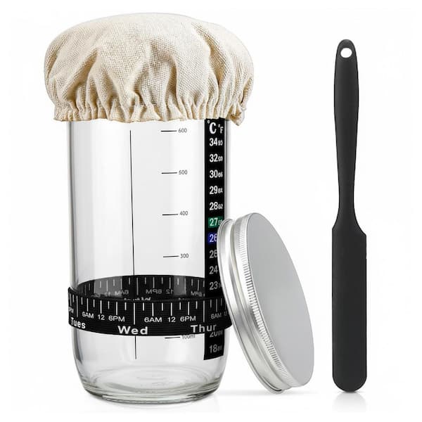 Sourdough Starter Kit, 24 oz. Glass Jar w/Feeding Band Thermometer Silicone Scraper Cloth Cover and Lid for Bread Making