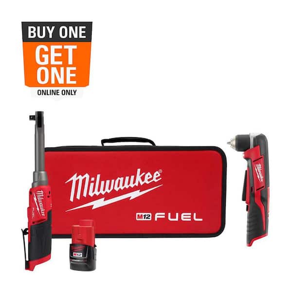 Milwaukee M12 FUEL 12V Lithium-Ion Brushless 3/8 in. Extended Reach High Speed Cordless Ratchet Kit & M12 Right Angle Drill