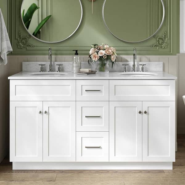 ARIEL Hamlet 61 in. W x 22 in. D x 35.25 in. H Bath Vanity in White with Carrara Marble Vanity Top