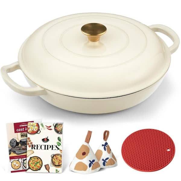 3.8 qt. Cast Iron Dutch Oven in White with Lid, Shallow Cookware Braising Pan with Cookbook & Heat-resistant Caps