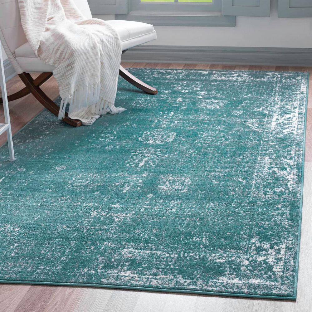 Turquoise Floral Motif Synthetic Indoor Area Rug