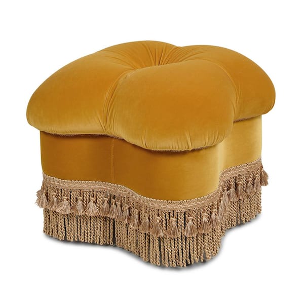 Jennifer Taylor Ellen Rich Yellow Performance Velvet Clover Ottoman with Gold Bullion Fringe