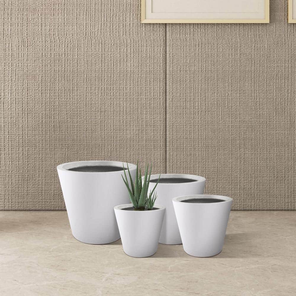 Set of 4 Pure White Lightweight Concrete Cylindrical Planters