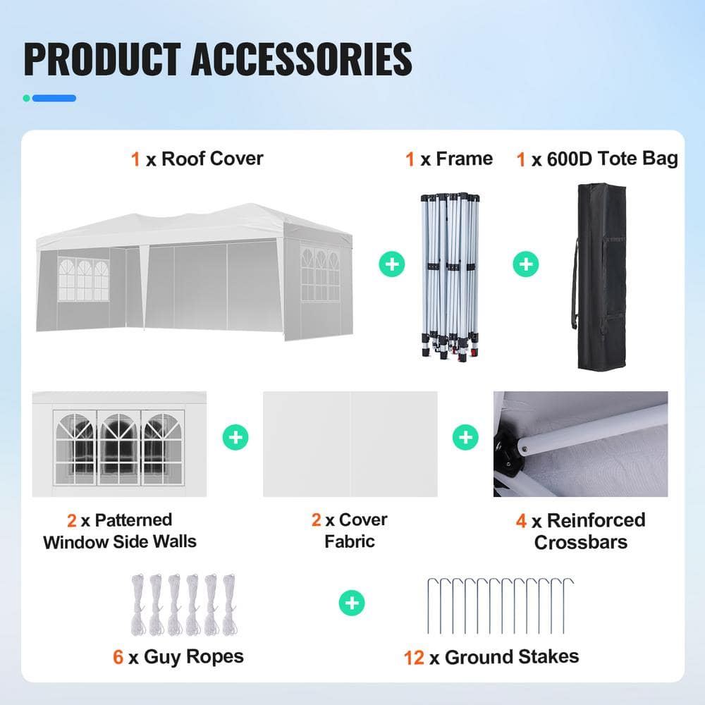 White 10x20 ft Adjustable Height Pop Up Canopy Tent with Sidewalls