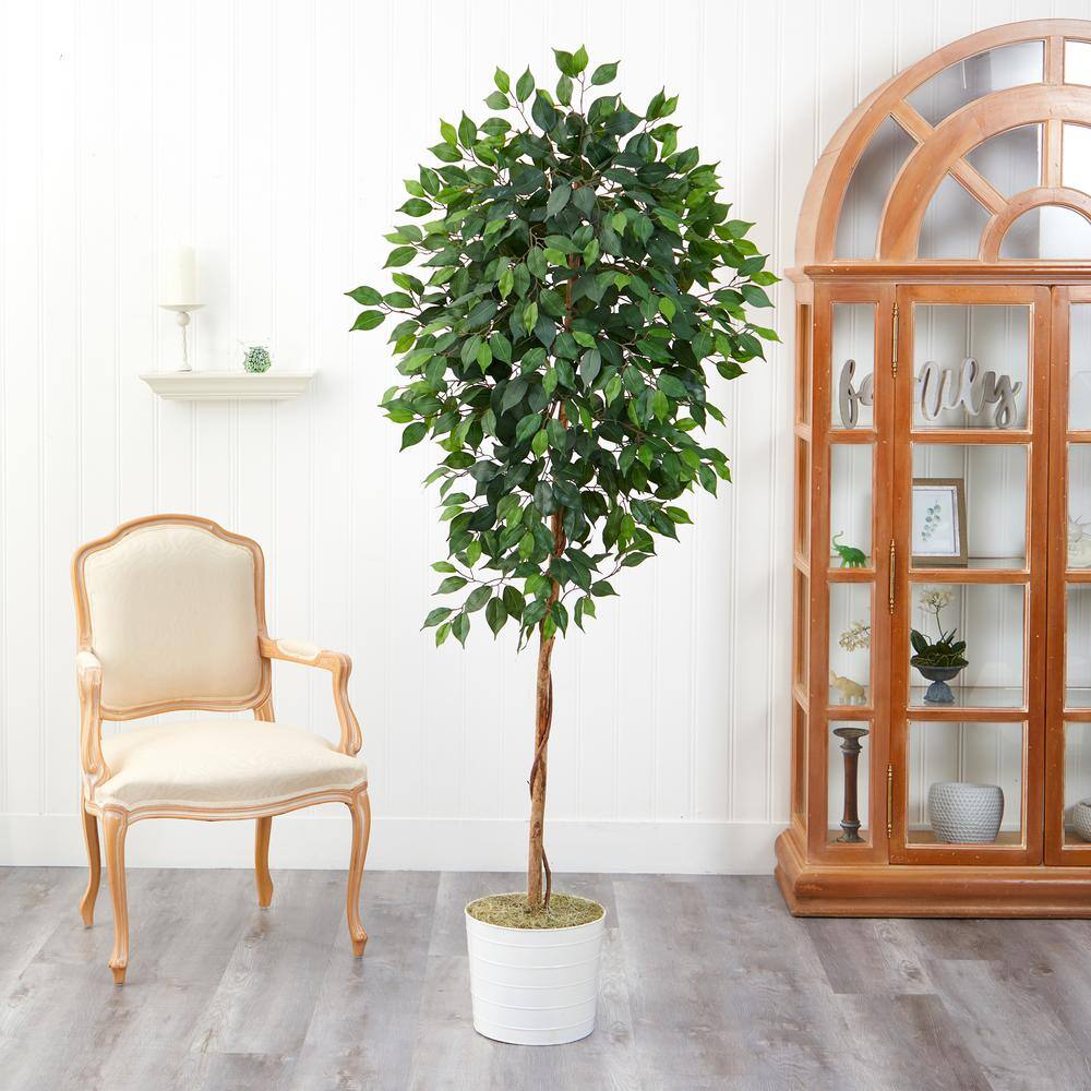 Nearly Natural 6 ft. Ficus Artificial Tree in White Tin Planter T2117