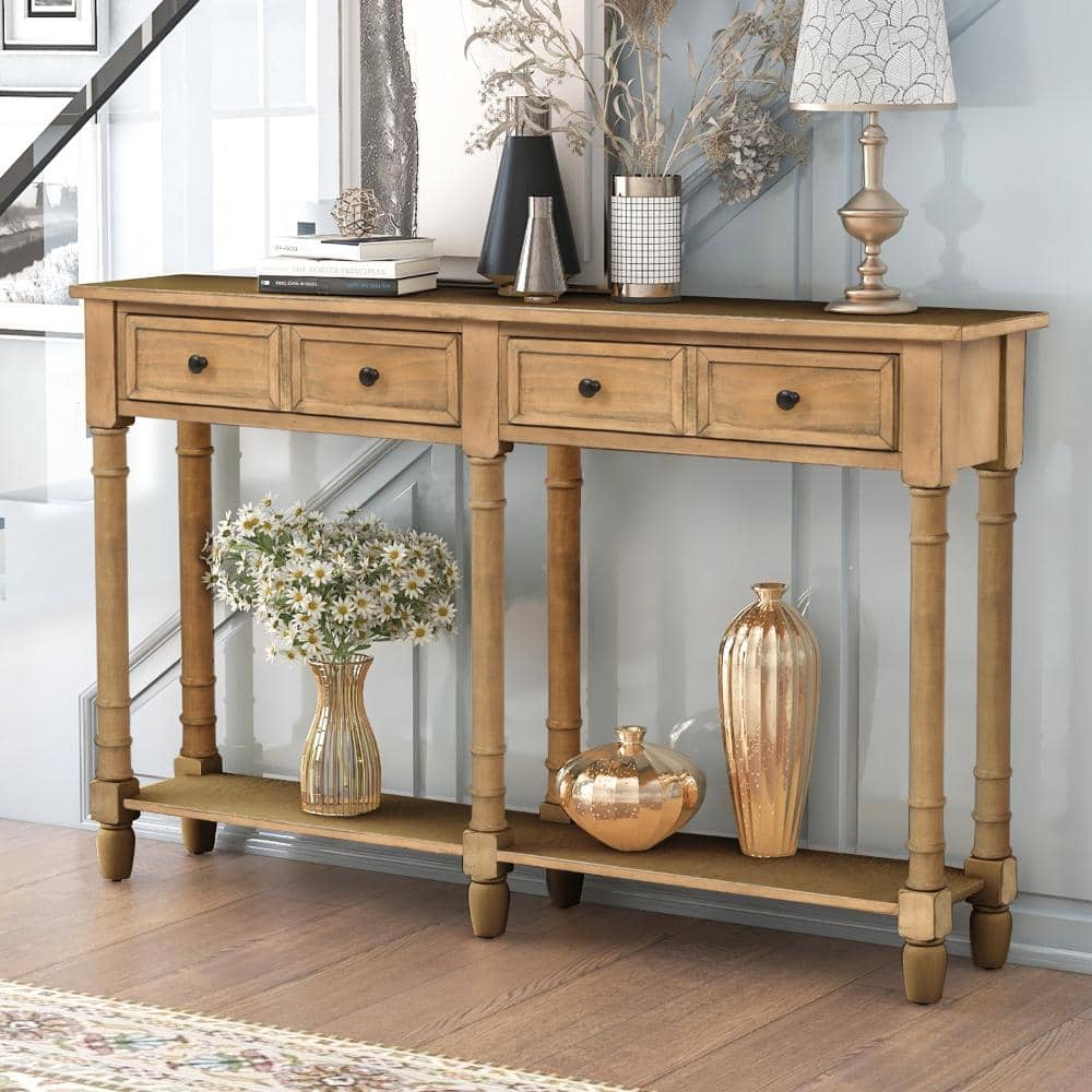 58 in. W Old Pine Rectangle Wood Console Table with 2 Drawers and Bottom Shelf