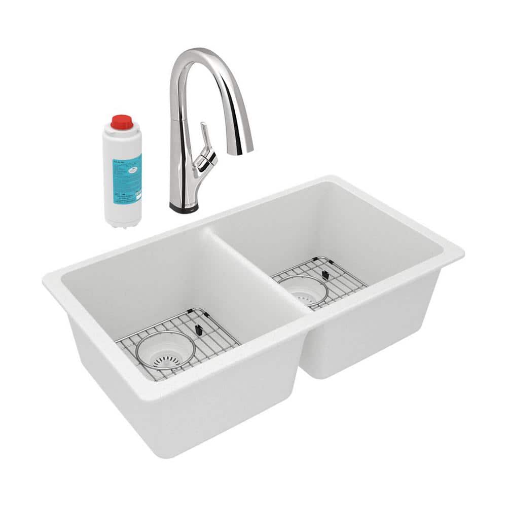 White Quartz Double Bowl Undermount Kitchen Sink with Faucet