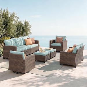 Brown Rattan Wicker 9 Seat 6-Piece Steel Patio Outdoor Sectional Set with Blue Cushions,2 Swivel Chairs,2 Ottomans