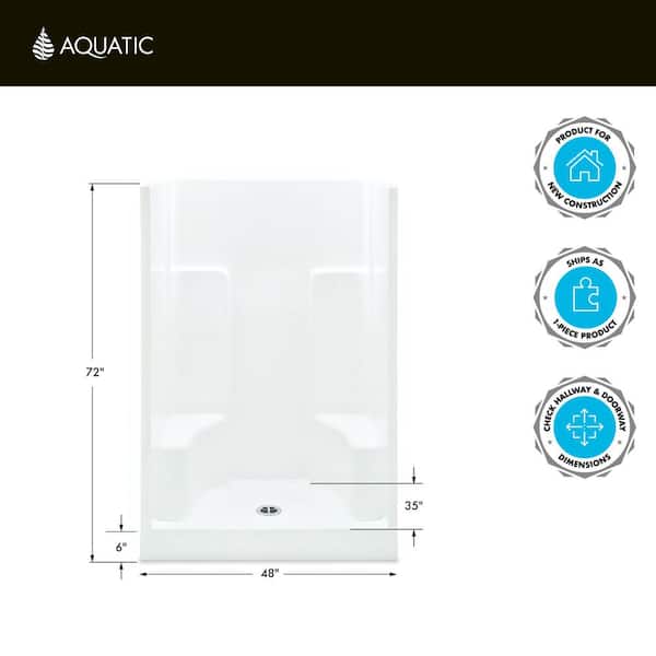 Everyday AcrylX 48 in. L x 35 in. W x 72 in. H Alcove Shower Wall Kit/Pan w/2-Seats and Center Drain in White (1-Piece)
