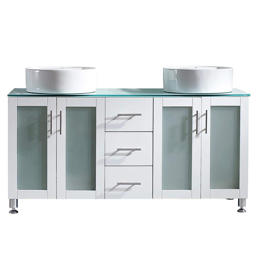 ROSWELL Tuscany 60 in. Bath Vanity in White with Tempered Glass Vanity Top in Green with White
