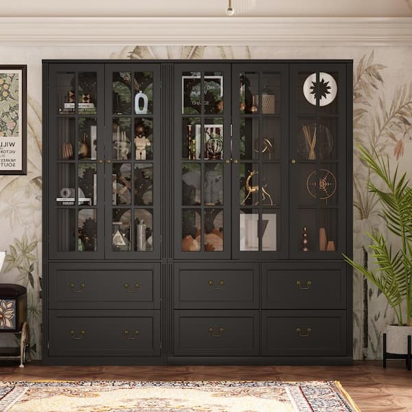 FUFU&GAGA 78.7 in. Tall Black Wood 12-Shelf Combination Standard Bookcase Storage Cabinet with Tempered Glass Doors and 6-Drawers