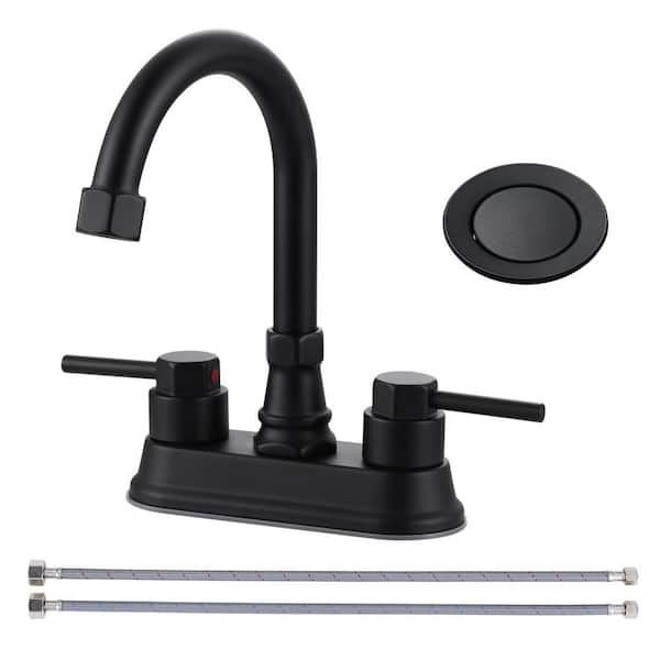 VEVETTA 4 in. Centerset Double Handle High Arc Bathroom Faucet with Drain Kit and Water Inlet Pipes Included in Matte Black