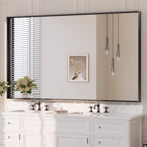 KeonJinn 60 in. W x 36 in. H Rectangular Framed Aluminum Square Corner Wall Mount Bathroom Vanity Mirror in Matte Black