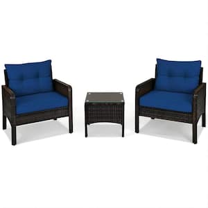 3-Piece Wicker Patio Conversation Set with Blue Cushions