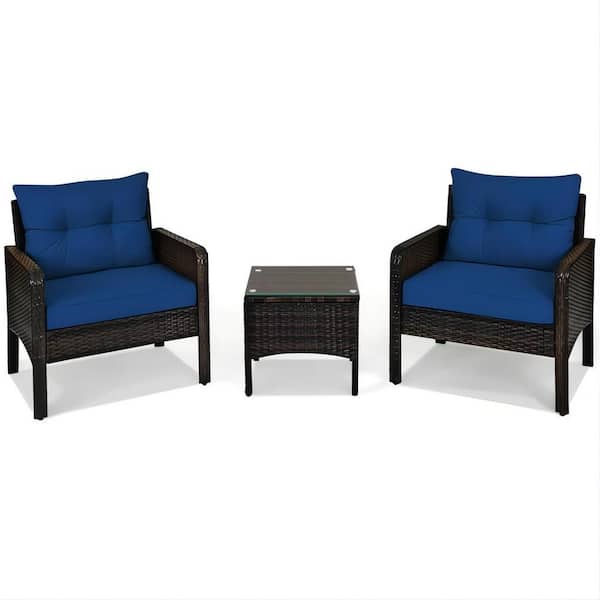 FORCLOVER 3-Piece Wicker Patio Conversation Set with Blue Cushions