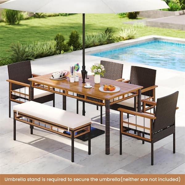 6-Piece Acacia Wood Outdoor Dining Table Set Backless Bench 4 Armchairs with 1.97" Umbrella Hole White Cushion