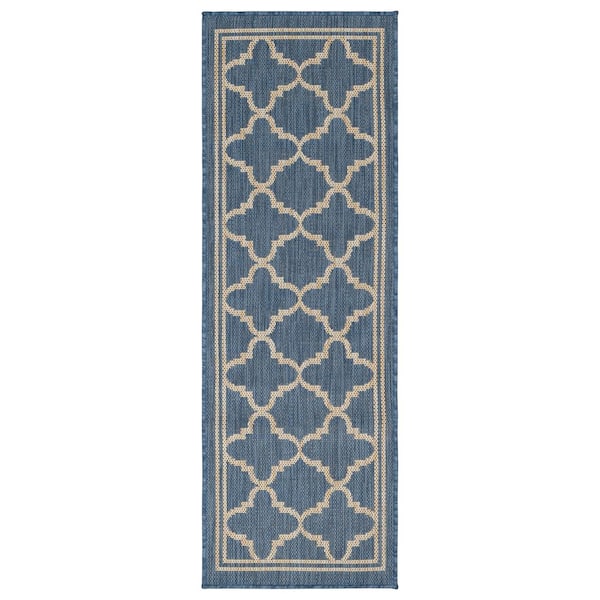 Ottomanson Jardin Collection Moroccan Trellis 3x7 Non Shedding Indoor/Outdoor Runner Rug, 2 ft. 7 in. x 6 ft. 11 in., Blue