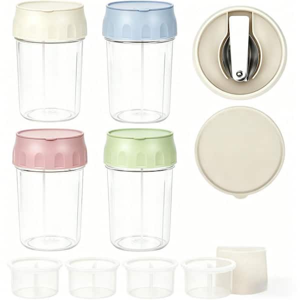 4-Pack 16 oz. Glass Mason Jar Set with Lids, Folding Spoons and Divided Compartments for Fruit, Nuts, and Oatmeal, Blue