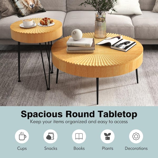 Costway Farmhouse Natural Finish Round Wood Coffee Table