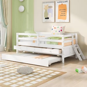 White Wood Frame Twin Low Loft Bed with 3-Drawers, Twin Trundle, Mini Sloping Ladder, Full Safety Fence