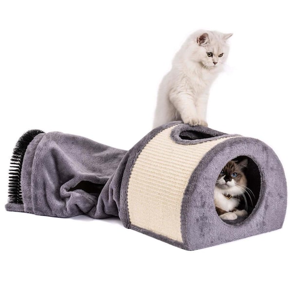 Foobrues Cat Tunnel Bed Cat House Sisal Scratching Bed with Self Groomer Massager Plush Balls
