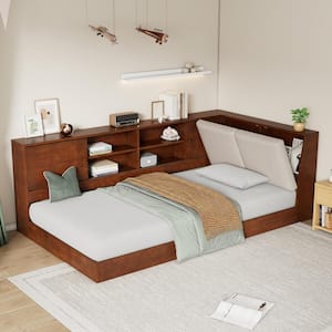 Walnut Twin Size Wood Daybed with Storage Bookcase, Linen Upholstered Hidden Storage Headboard, USB Charging Ports