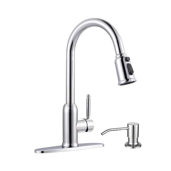 VEVETTA 15 in. Stainless Steel Single Handle 360° Pull Down Sprayer Kitchen Faucet with Soap Dispenser in Polished Chrome